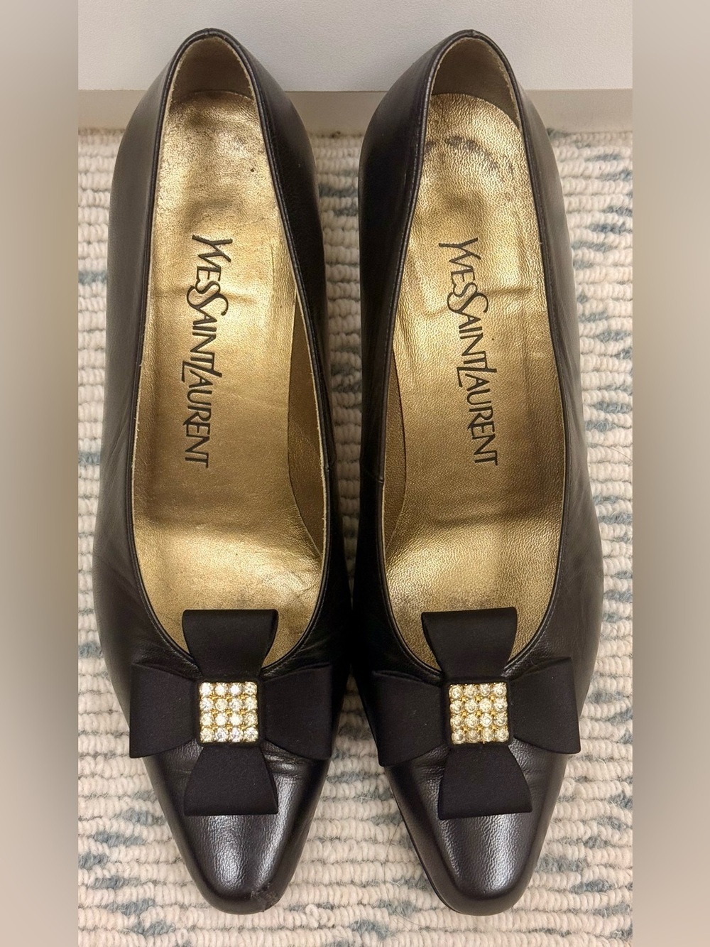 YSL Vintage 90’s Rare Retro Black Leather Rhinestone Bow Pointed Toe Pumps - 6.5